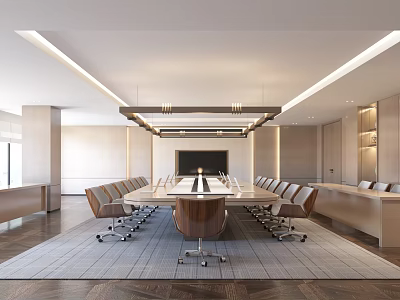 Modern Conference Room Interior With Long Wooden Table Leather Chairs Pendant Lights And Flat Screen 3d model