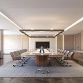 Modern Conference Room Interior With Long Wooden Table Leather Chairs Pendant Lights And Flat Screen