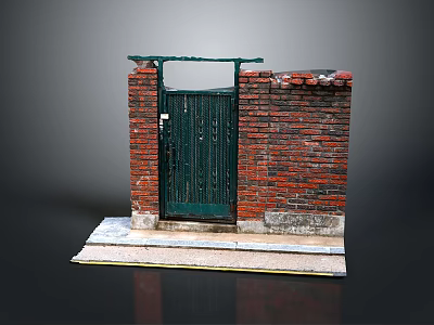 Red Brick Wall Structure With Green Metal Gate Top Railing And Concrete Steps 3d model