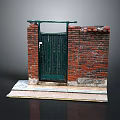 Red Brick Wall Structure With Green Metal Gate Top Railing And Concrete Steps