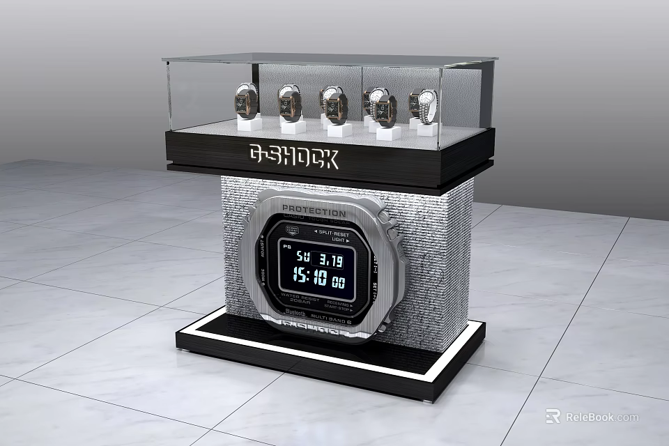 Modern Display Shelf With Transparent Glass Cover Digital Display Screen And Black Base 3d model 