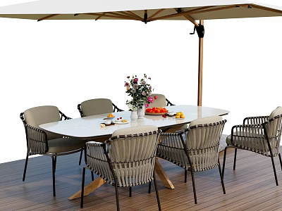 Oval Outdoor Table with Wicker Chairs and Beige Umbrella on Wooden Patio with Flower Vase 3d model