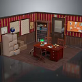 Vintage Office Interior With Striped Wallpaper Window Blinds Bookshelf Desk Refrigerator And Bulletin Board