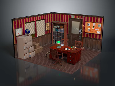 Vintage Office Interior With Striped Wallpaper Window Blinds Bookshelf Desk Refrigerator And Bulletin Board 3d model
