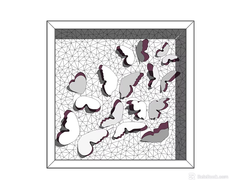Decorative Square Frame with White and Purple Butterfly Patterns on Grid Background 3d model