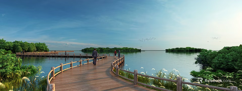 Scenic Lakeside View With Wooden Boardwalk People Walking Green Island Blue Sky Flying Birds 3d model 