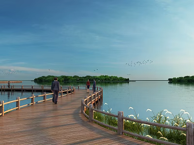 Scenic Lakeside View With Wooden Boardwalk People Walking Green Island Blue Sky Flying Birds 3d model
