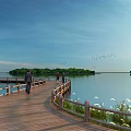 Scenic Lakeside View With Wooden Boardwalk People Walking Green Island Blue Sky Flying Birds
