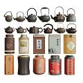 Traditional Tea Sets Collection Featuring Various Teapots And Decorative Tea Caddies 3d model