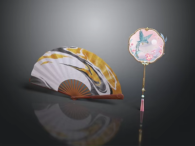 Traditional Daily Necessities Folding Fan with Colorful Patterns and Round Fan with Flower Bird Design 3d model