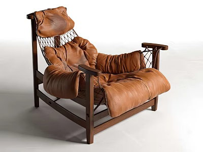 Brown Leather Lounge Chair With Wooden Frame Mesh Detail And Plush Cushions 3d model
