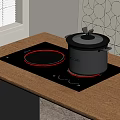 Modern Induction Cooktop On Wooden Countertop With Pot Lid Window Blinds And Geometric Wall Decor