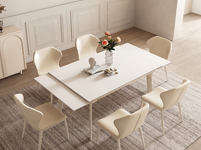 Cream wind dining table and chair rectangular six people 3d model