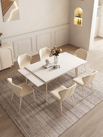 Cream wind dining table and chair rectangular six people 3d model