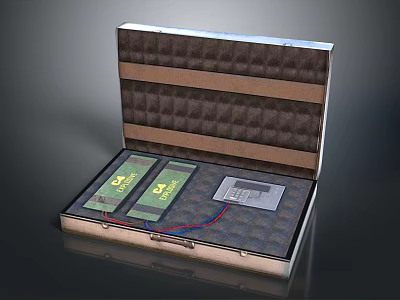 Open Hard Case With Foam Interior Containing Two Green Batteries White Device And Colored Wires 3d model