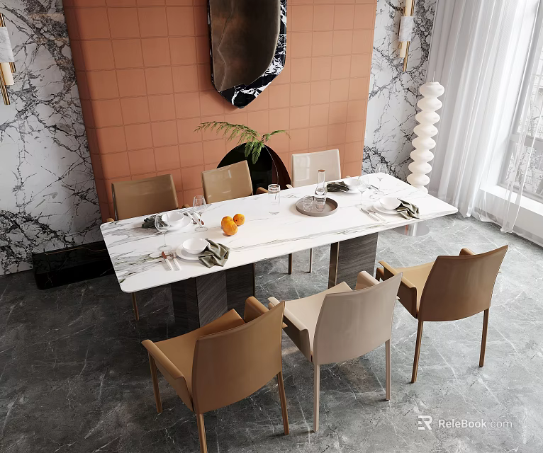 Modern Dining Table Set with Marble Tabletop Beige Chairs Orange Decor and Modern Wall Background 3d model