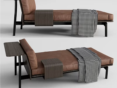 Brown Leather Chaise Lounge With Checkered Blanket Wooden Armrest And Metal Frame 3d model