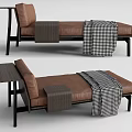 Brown Leather Chaise Lounge With Checkered Blanket Wooden Armrest And Metal Frame