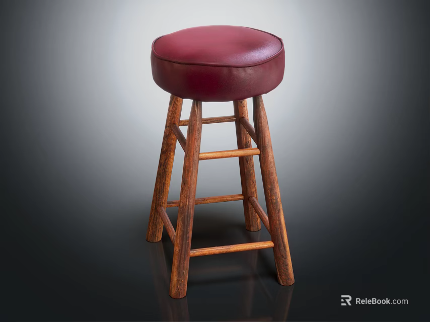 Classic Wooden Bar Stool With Red Leather Seat And Sturdy Legs 3d model 
