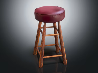 Classic Wooden Bar Stool With Red Leather Seat And Sturdy Legs 3d model