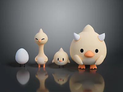 Children Playing With Cute Chick Toys Of Different Sizes Including Egg And Horned Figure 3d model