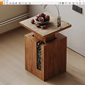 Wooden Side Table Square Top With Pomegranate Bowl Scattered Pomegranates Glass Vase And Decorative Stones