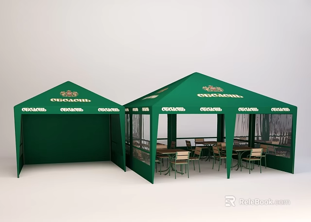Green Tent Style Restaurant With CHAMPAGNE Branding And Indoor Tables Chairs 3d model 