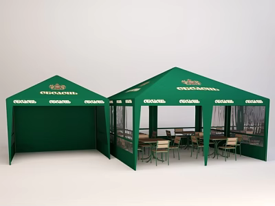Green Tent Style Restaurant With CHAMPAGNE Branding And Indoor Tables Chairs 3d model