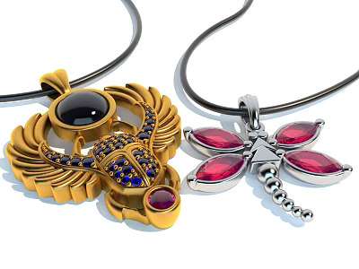 Exquisite Golden Wing And Silver Dragonfly Pendant Necklaces With Black Red Blue Gemstones 3d model