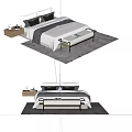 Modern Double Bed Design With Bedside Table Bench And Cozy Bedding On Rug 3d model