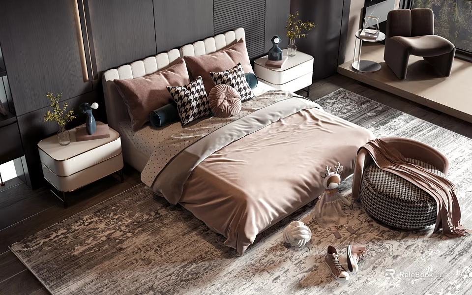 Modern Double Bed with Pink Bedding Decorative Pillows and Nightstands with Vases on Bedroom Rug 3d model 