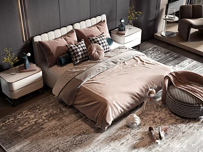 Modern Double Bed with Pink Bedding Decorative Pillows and Nightstands with Vases on Bedroom Rug 3d model