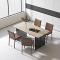 Modern Light Colored Rectangular Dining Table Set With Brown Leather Chairs And Vase Chessboard 3d model