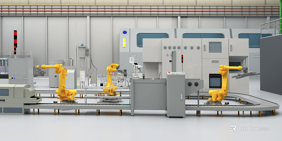 Industrial Automated Production Line With Yellow Robotic Arms And Manufacturing Machinery 3d model 
