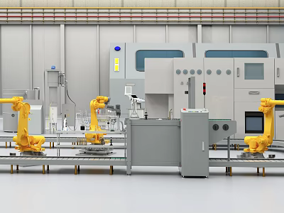 Industrial Automated Production Line With Yellow Robotic Arms And Manufacturing Machinery 3d model