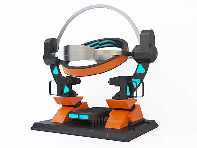 Futuristic Mechanical Device With Circular Ring Orange Black Stand And Blue Accents 3d model