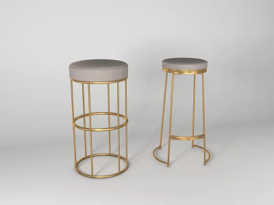 Set Of Two Modern Bar Stools With Golden Metal Frame And Gray Upholstered Seat 3d model