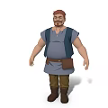 Man with brown hair beard wearing gray sleeveless tunic blue vest brown belt pants boots