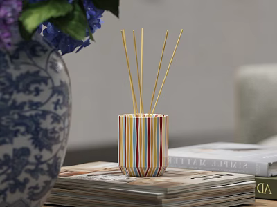 Decorative Ornament Set With Striped Diffuser Yellow Reed Sticks Blue White Vase And Purple Flowers 3d model