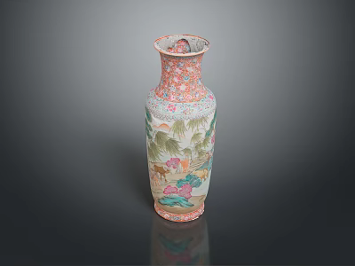 Artistic Hand Carved Porcelain Vase Featuring Landscape Deer and Lotus Patterns 3d model