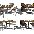 Modern Round Dining Table Set With Light And Dark Brown Chairs Fruit And Tableware 3d model
