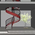 Red Spiral Staircase in Modern White Interior with Tiered Platforms and Illuminated Potted Plant