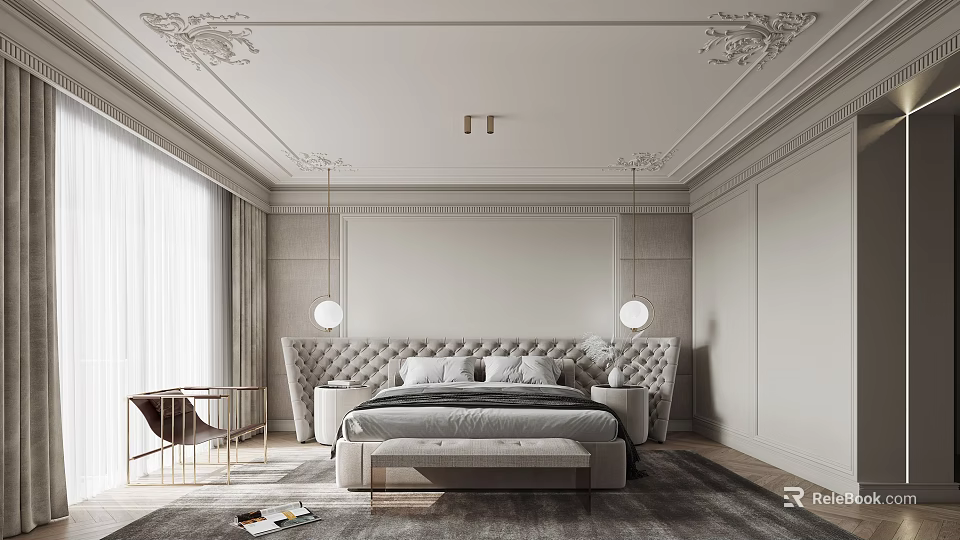 Elegant Bedroom Interior With Upholstered Headboard Large Bed Pendant Lights Soft Rug And Window Curtains 3d model 