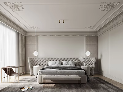 Elegant Bedroom Interior With Upholstered Headboard Large Bed Pendant Lights Soft Rug And Window Curtains 3d model