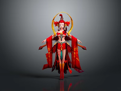 Game and Movie Character in Red Outfit With Elaborate Headdress and Flowing Sleeves 3d model
