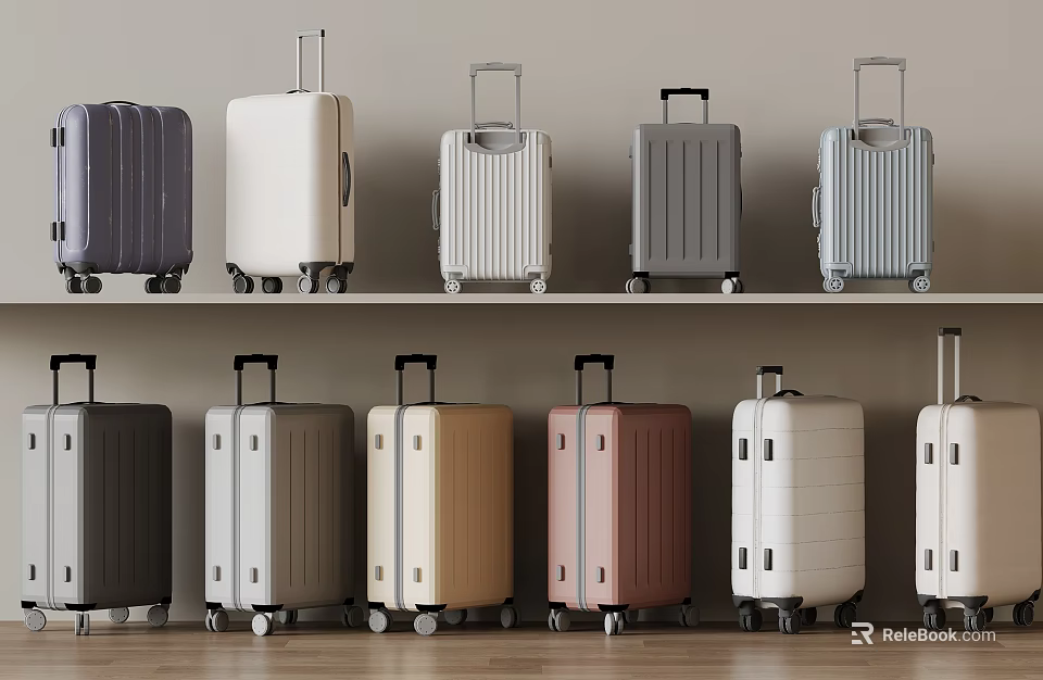 Assorted Colored Suitcases With Different Modern Styles Neatly Arranged On Shelves 3d model 