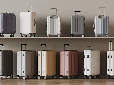 Assorted Colored Suitcases With Different Modern Styles Neatly Arranged On Shelves 3d model