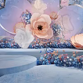 Elegant Banquet Hall With Floral Decorations Hanging Installations And White Chairs