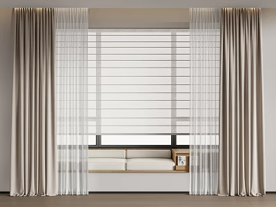 Modern Beige Curtains With Sheer White Panels For Cozy Living Room Window Bench 3d model