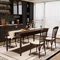 Wooden Dining Table With Chairs Table Runner Vase Fruits And Wine Glasses